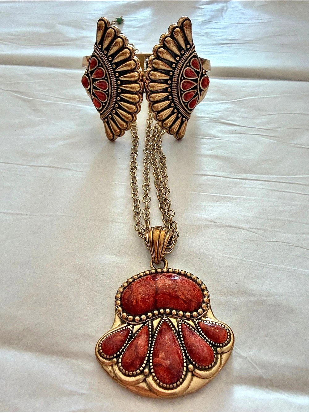 Barse Burnt Orange Pendant Necklace & Bracelet in Burning Orange & Gold